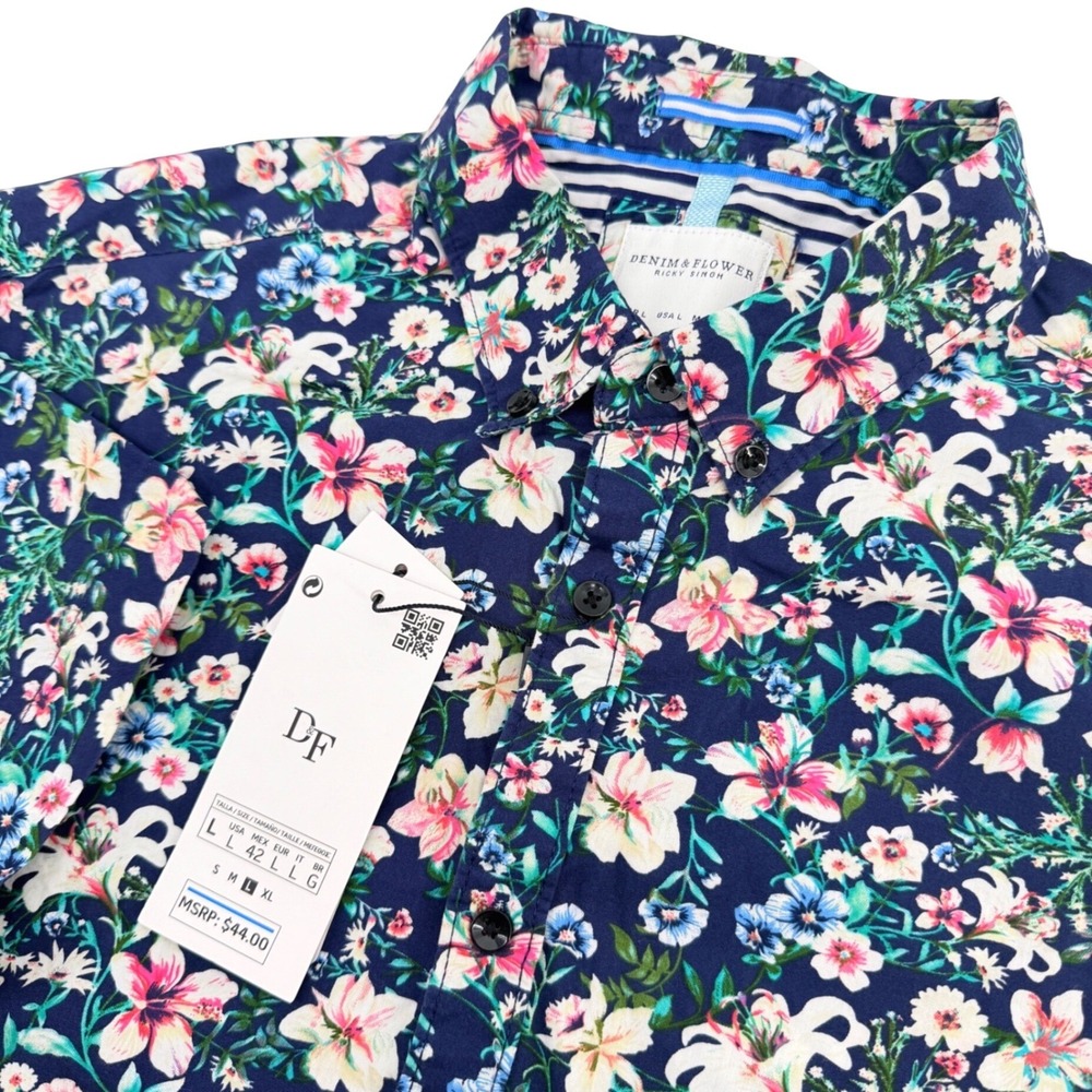 Denim & Flower Shirt Mens L Navy Floral Short Sleeve Cotton Casual Beach NEW